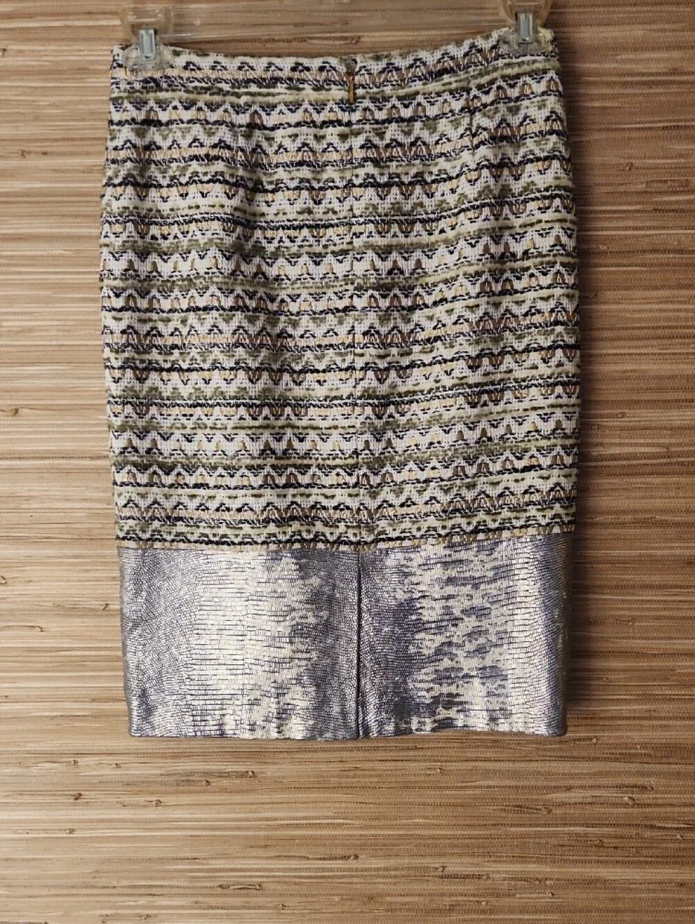 Tory Burch Leather & Tweed Eth Metallic Hem Pencil Skirt - Silver & Black Size 2